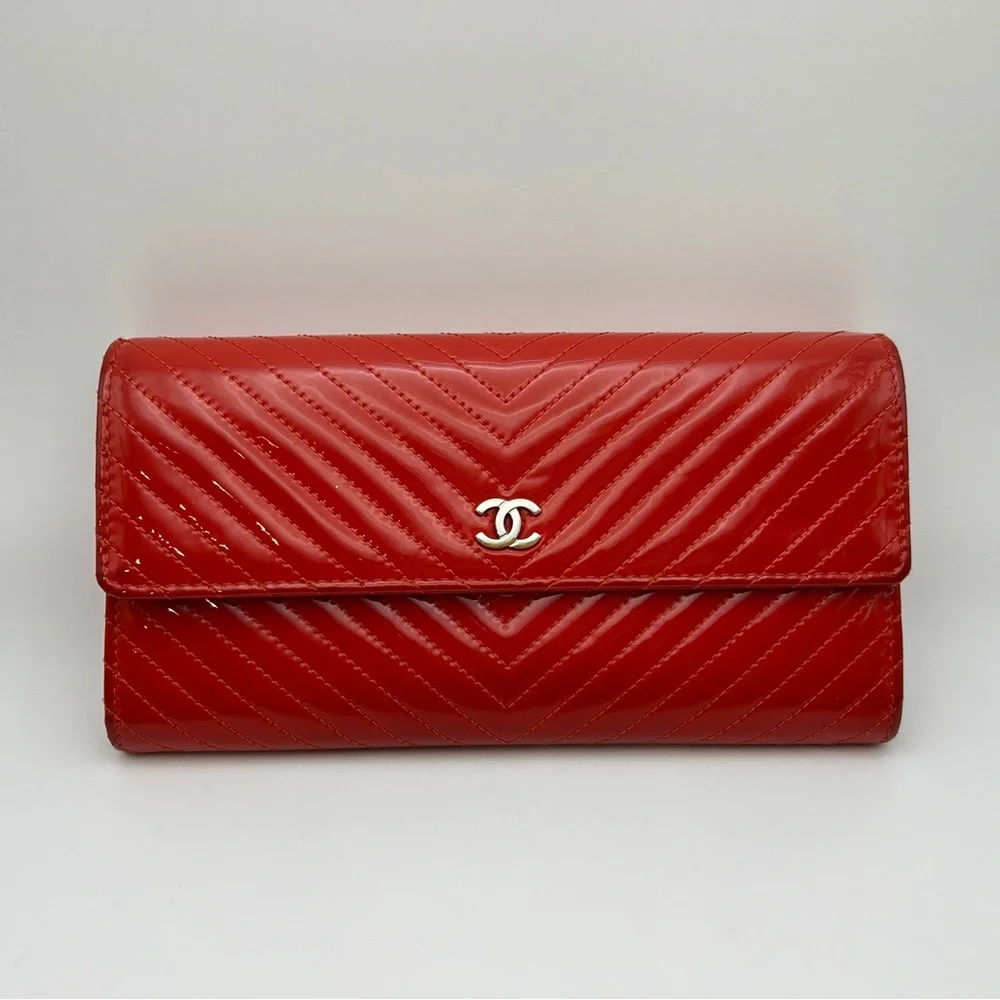 Chanel Long Wallet with COA , CC Logo, Chevron Paten Leather, Dust Bag & Box Red
